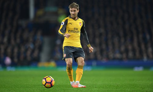 Arsenal's Spanish defender Nacho Monreal controls the ball during the English Premier League soccer match between Everton and Arsenal at Goodison Park in Liverpool, north west England on Tuesday. Photo: AFP