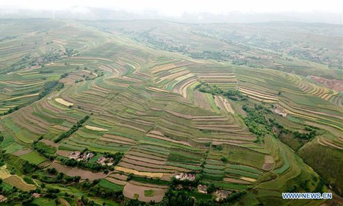 Aerial view of terraced lands in NW China's Gansu - Global Times