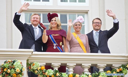 Dutch King Willem-Alexander, Queen Maxima, Princess Laurentien and Prince Constantijn (L to R) wave to people on the balcony of Noordeinde Palace in The Hague, the Netherlands, Sept. 17, 2019, on Prinsjesdag, the Prince's Day. The Prince's Day is held every year in The Hague on the third Tuesday of September, which marks the opening of the parliamentary year. (Photo: Sylvia Lederer/Xinhua)