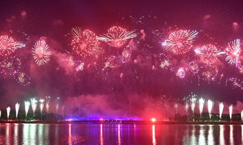 Fireworks explode marking 70th founding anniversary of PRC in Guangdong ...