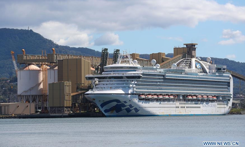 The Ruby Princess cruise ship docks at Port Kembla in Wollongong, Australia, April 6, 2020. Australian authorities launched a criminal investigation Sunday into the COVID-19 infected cruise ship, which was allowed to dock in Sydney before releasing thousands of passengers directly into the community.Photo:Xinhua