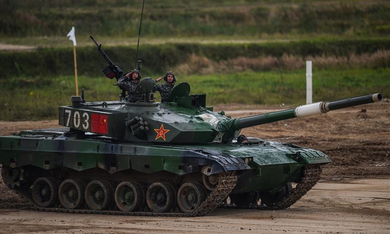 Chinese team takes part in the tank biathlon's singles during the International Army Games 2020 in a suburb of Moscow, Russia, Aug. 30, 2020. (Xinhua/Tian Dingyu)