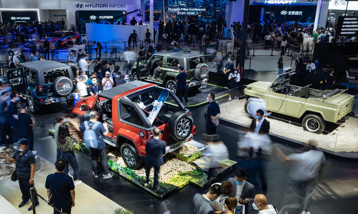 Visitors at the Beijing International Automotive Exhibition 2020, which opened on Saturday after a five-month delay. Photo: Li Hao/GT