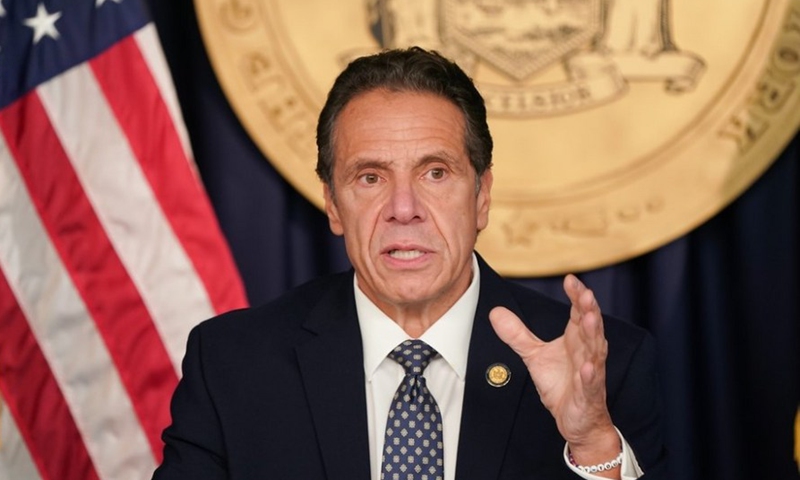 A screengrab from the website of the New York State Government shows Governor Andrew Cuomo addressing his daily press conference on Oct. 18, 2020. (Xinhua)