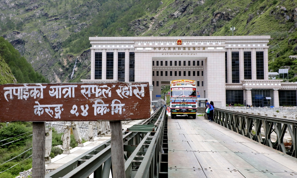 A truck from Nepal passes through the Gyirong Port on the China-Nepal border. Photo: Xinhua 