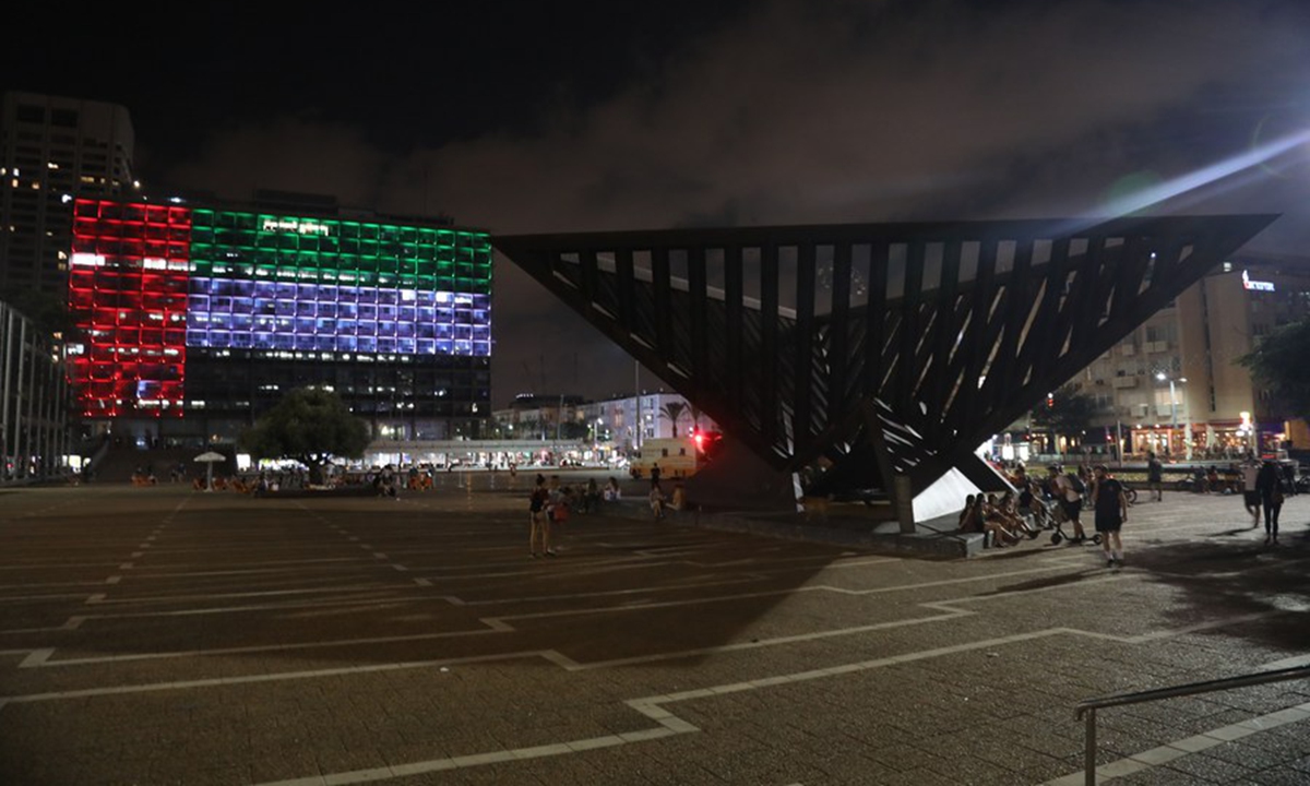 The Tel Aviv Municipality Hall is illuminated with the colors of the national flag of the United Arab Emirates in the central Israeli city of Tel Aviv on Aug. 13, 2020. (Xinhua/Gideon Markowicz/JINI)