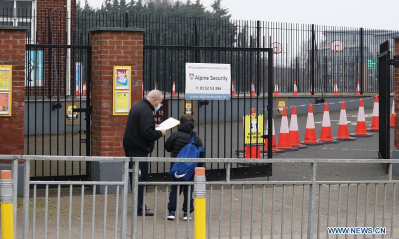 A student undergoes a check at the entrance of a primary school in Dublin, Ireland, on March 1, 2021. Primary and secondary schools in Ireland on Monday reopened as scheduled under a phased plan previously announced by the government.Photo:Xinhua