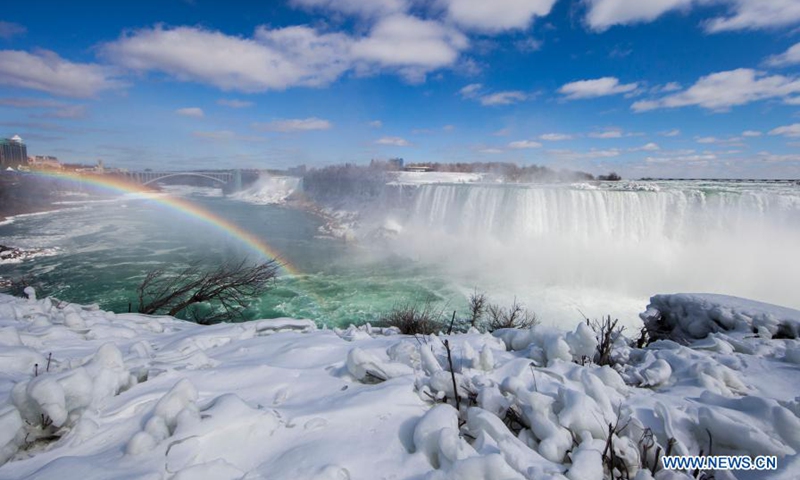 Ice and snow covered Niagara Falls is seen at the base of the Canadian side of Niagara Falls in Ontario, Canada, on March 2, 2021.(Photo: Xinhua)