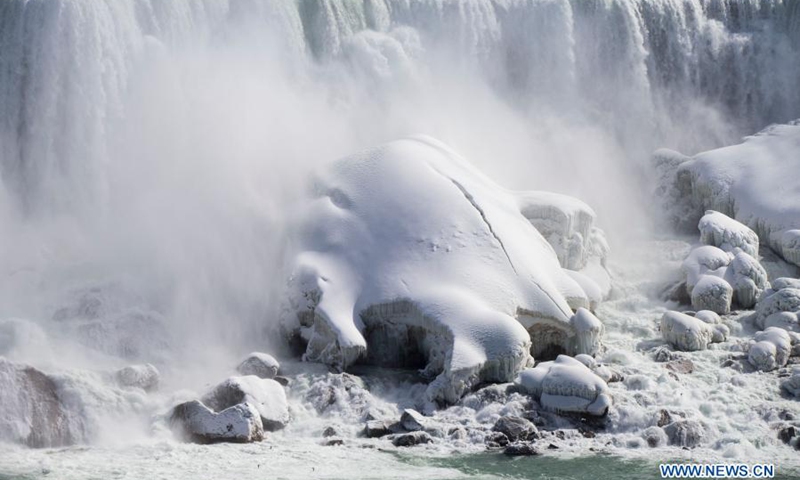 Ice and snow covered Niagara Falls is seen at the base of the Canadian side of Niagara Falls in Ontario, Canada, on March 2, 2021.(Photo: Xinhua)