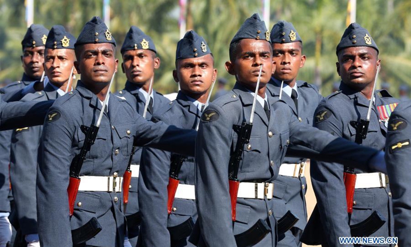 Members of the Sri Lanka Air Force (SLAF) take part in a parade to celebrate the 70th anninversary of SLAF at the Katunayaka Air Force grounds in the outskirts of Colombo, Sri Lanka, on March 2, 2021.(Photo: Xinhua)