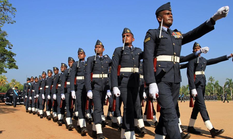 Members of the Sri Lanka Air Force (SLAF) take part in a parade to celebrate the 70th anninversary of SLAF at the Katunayaka Air Force grounds in the outskirts of Colombo, Sri Lanka, on March 2, 2021.(Photo: Xinhua)