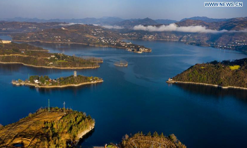 Aerial photo taken on March 4, 2021 shows a view of Ankang reservoir of the Hanjiang River in Ankang, northwest China's Shaanxi Province.Photo:Xinhua