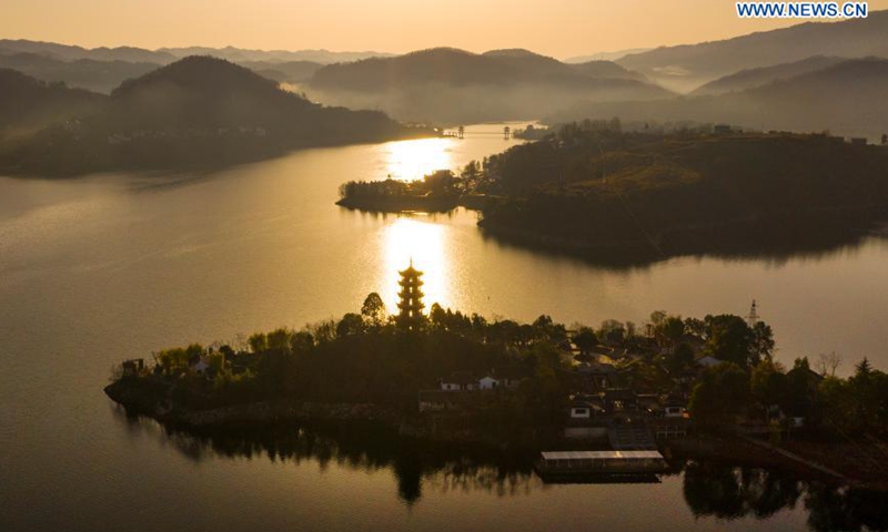 Aerial photo taken on March 4, 2021 shows a view of Ankang reservoir of the Hanjiang River in Ankang, northwest China's Shaanxi Province.Photo:Xinhua