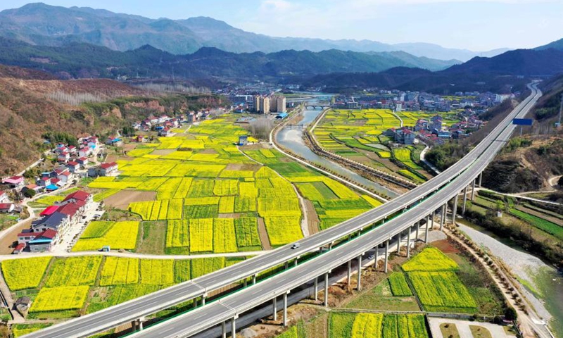 Aerial photo taken on March 4, 2021 shows the early spring scenery of Baokang County, Central China's Hubei Province. Photo:Xinhua