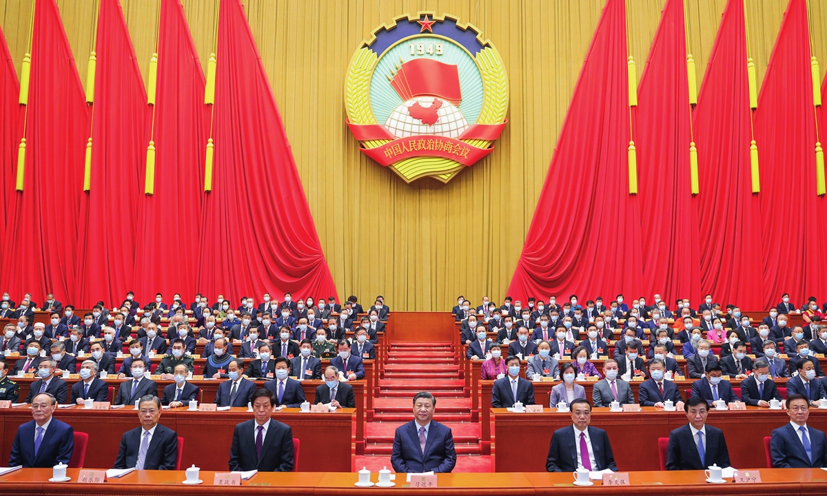 Chinese President Xi Jinping and other Chinese leaders attend the opening meeting of the fourth session of the 13th National Committee of the Chinese People's Political Consultative Conference at the Great Hall of the People on Thursday. Photo: Xinhua