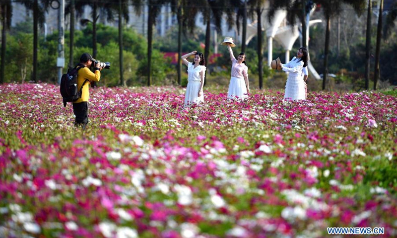 People take photos amid blooming flowers in Haikou, south China's Hainan Province, March 6, 2021.(Photo: Xinhua)