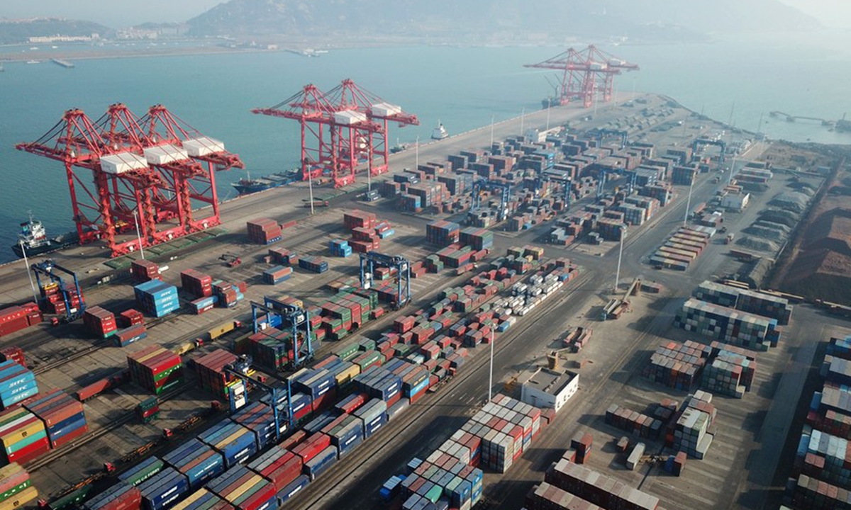 Aerial photo taken on Jan. 14, 2021 shows the container terminal of the Lianyungang Port in Lianyungang City, east China's Jiangsu Province. (Photo by Geng Yuhe/Xinhua)