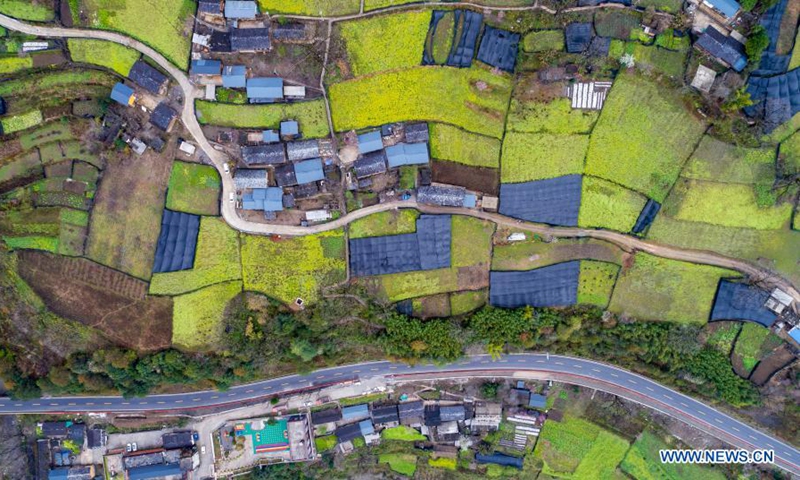 Aerial photo taken on March 7, 2021 shows a view of a village at Nujiang valley in southwest China's Yunnan Province. (Xinhua/Chen Xinbo)
