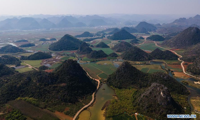 Aerial photo taken on March 8, 2021 shows the scenery at the Puzhehei national wetland park in Qiubei County of southwest China's Yunnan Province.Photo:Xinhua