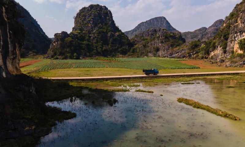 Aerial photo taken on March 8, 2021 shows the scenery at the Puzhehei national wetland park in Qiubei County of southwest China's Yunnan Province.Photo:Xinhua