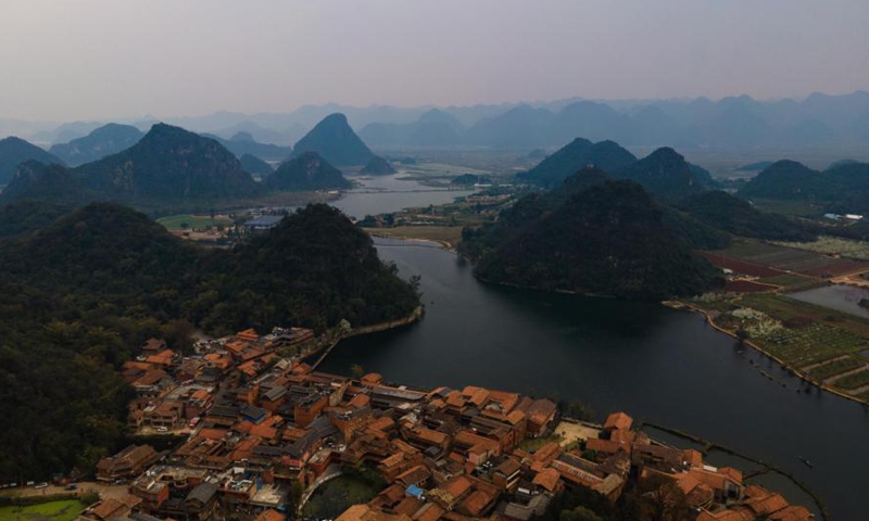 Aerial photo taken on March 8, 2021 shows the scenery at the Puzhehei national wetland park in Qiubei County of southwest China's Yunnan Province.Photo:Xinhua