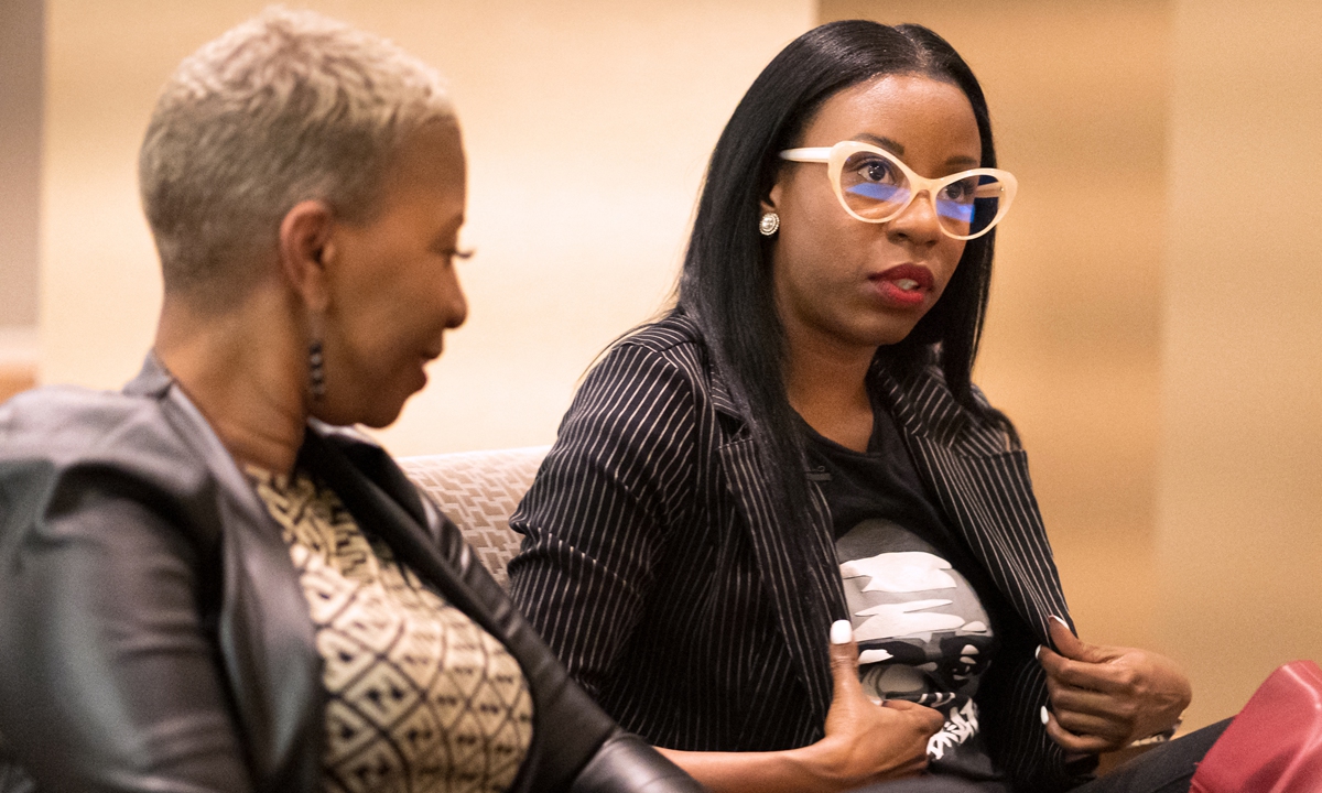 George Floyd's cousin Shareeduh Tate (left) and daughter Tedra McGee, speak during an interview after the second day of jury selection began in the trial of former Minneapolis Police officer Derek Chauvin accused of killing Floyd on Tuesday. Photo: AFP