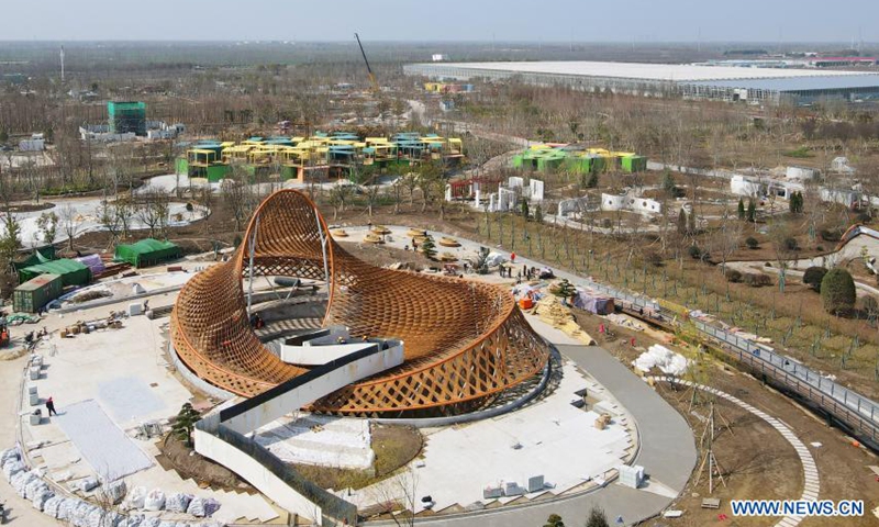 Aerial photo taken on March 10, 2021 shows a pavilion of the China Flower Expo in east China's Shanghai. The 10th China Flower Expo will take place from May 21 to July 2 in Shanghai's Chongming District. Preparation for the expo is now in its final stage.Photo:Xinhua