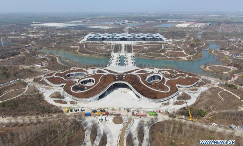 Aerial photo taken on March 10, 2021 shows a view of the China Flower Expo in east China's Shanghai. The 10th China Flower Expo will take place from May 21 to July 2 in Shanghai's Chongming District. Preparation for the expo is now in its final stage.Photo:Xinhua