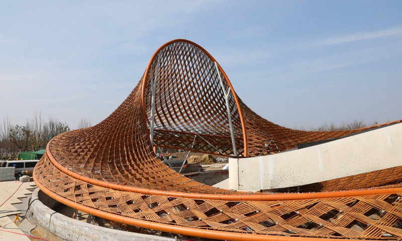 Aerial photo taken on March 10, 2021 shows a pavilion at the China Flower Expo park under construction in Shanghai, east China. (Photo: Xinhua)