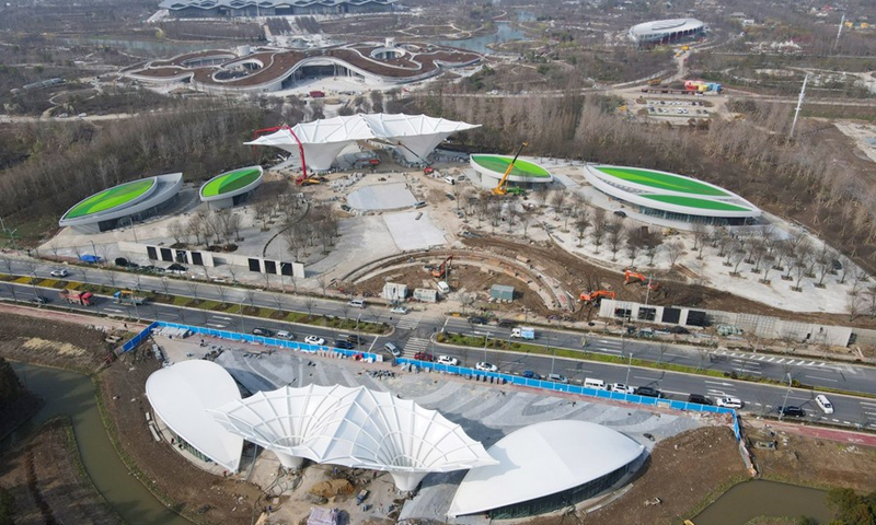 Aerial photo taken on March 10, 2021 shows a view of the China Flower Expo park under construction in Shanghai, east China.(Photo: Xinhua)