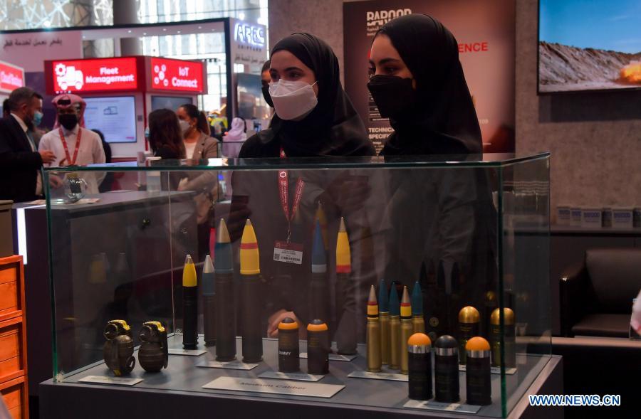 Visitors look at exhibits after the opening ceremony of Milipol Qatar 2021, an international event for homeland security and civil defense, in Doha, Qatar, on March 15, 2021. The exhibition which kicked off on Monday will last until March 17.(Photo: Xinhua)