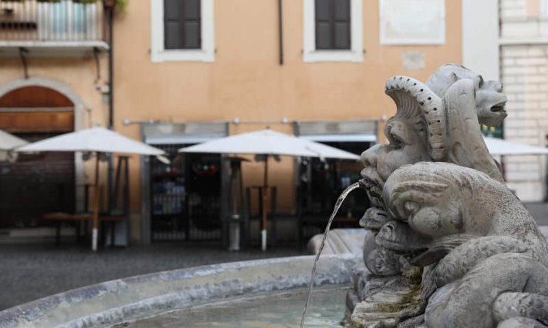 A restaurant is closed near the Pantheon in Rome, Italy, March 15, 2021. Italy entered into a new period of semi-lockdown on Monday, with over half of its 20 regions falling into the red zone and subject to the maximum level of restrictions.(Photo: Xinhua)