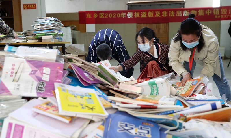 Over 4,500 pirated books were destroyed at a printing shop in Fuzhou, East China's Jiangxi Province on April 23, 2020. Photo: VCG