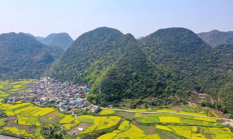 Aerial photo taken on March 17, 2021 shows the spring scenery at the Xiaohewan Village, Anshun City of southwest China's Guizhou Province.Photo:Xinhua