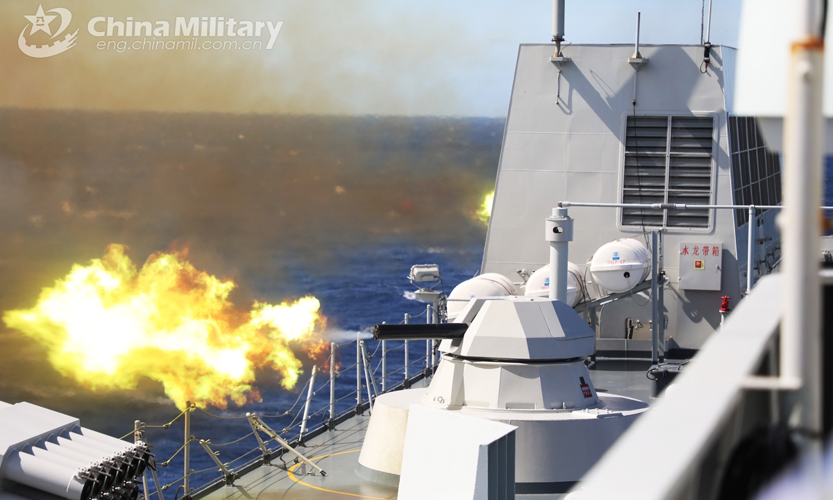 The close-in weapon system of the amphibious dock landing ship Wuzhishan (Hull 987) fires at the mock target at sea during the actual combat training organized by a naval landing ship flotilla under the PLA Southern Theater Command in late February, 2021. Photo:China Military