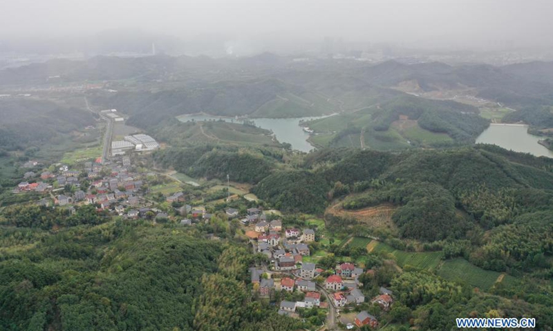 Aerial photo taken on March 20, 2021 shows a general view of a tea farm at Zhuyuan Village, Hangzhou City of east China's Zhejiang Province.(Photo: Xinhua)