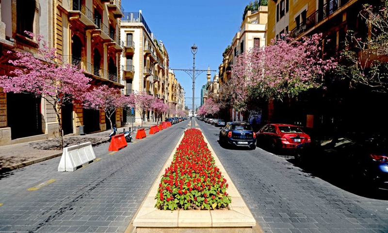 The photo taken on March 21, 2021 shows a flowerbed and flowering trees along a street in Beirut, Lebanon.(Photo: Xinhua)
