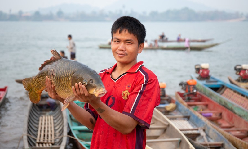 A local resident shows the fish caught in the Mekong River in the Si Phan Don, Laos, on March 18, 2021.(Photo: Xinhua)