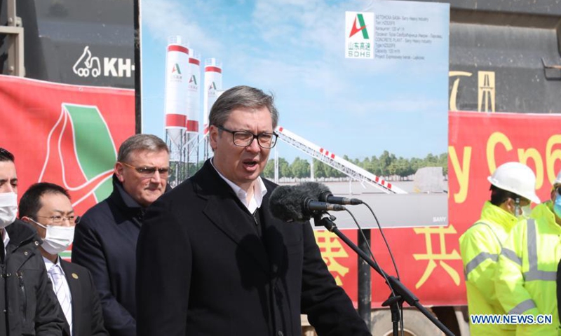 Serbian President Aleksandar Vucic speaks while visiting a construction site along the Iverak-Lajkovac expressway near the town of Klanica, Serbia on March 23, 2021.  (Photo:Xinhua)