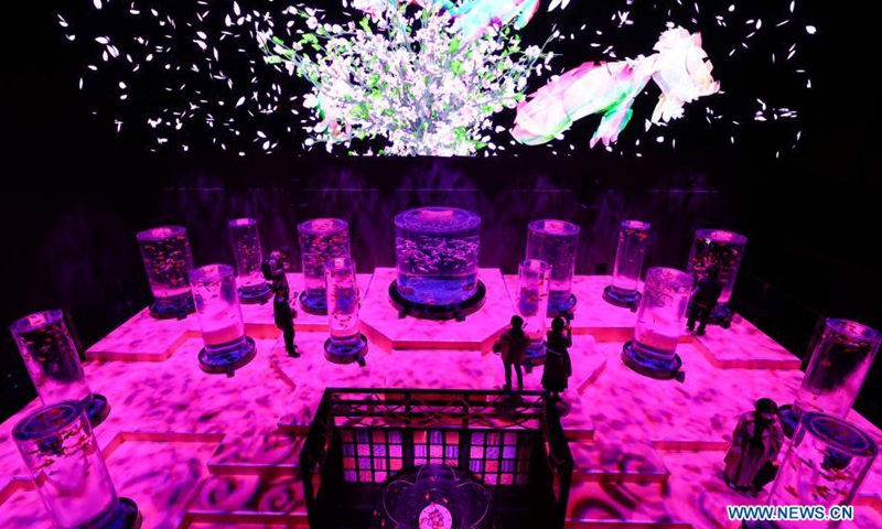 Photo taken on March 24, 2021 shows a goldfish exhibition at the Art Aquarium Museum in Tokyo, Japan. The exhibition is on view from March 6 to May 9.(Photo: Xinhua)