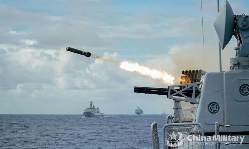 Warships attached to a naval flotilla under the PLA Southern Theater Command conduct the air defense and anti-missile task during a combined arms training exercise. The flotilla under training has traveled more than 8,000 nautical miles in over 30 days, conducting dozes of exercise items including air and missile defense, anti-terrorism and anti-piracy operation, and joint search and rescue. Photo: China Military Online