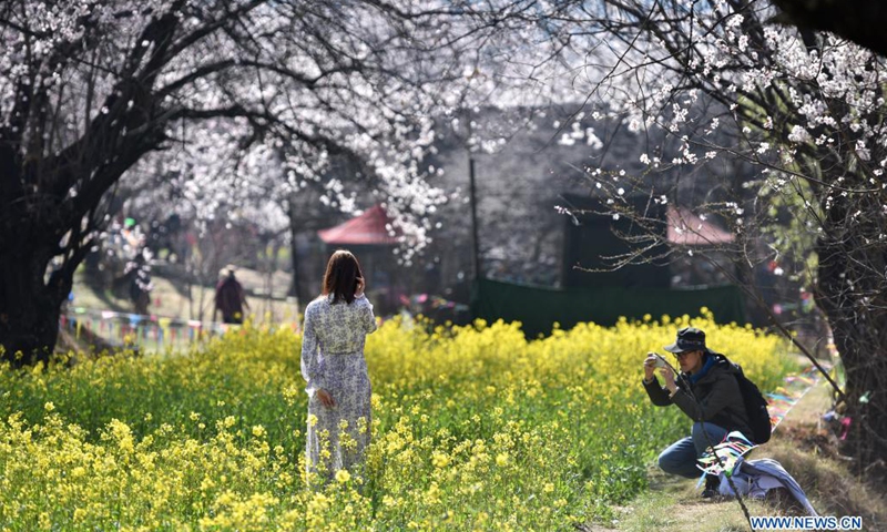 Tourists take pictures while viewing peach blossoms in Gala village of Nyingchi, southwest China's Tibet Autonomous Region, March 27, 2021.(Photo: Xinhua)