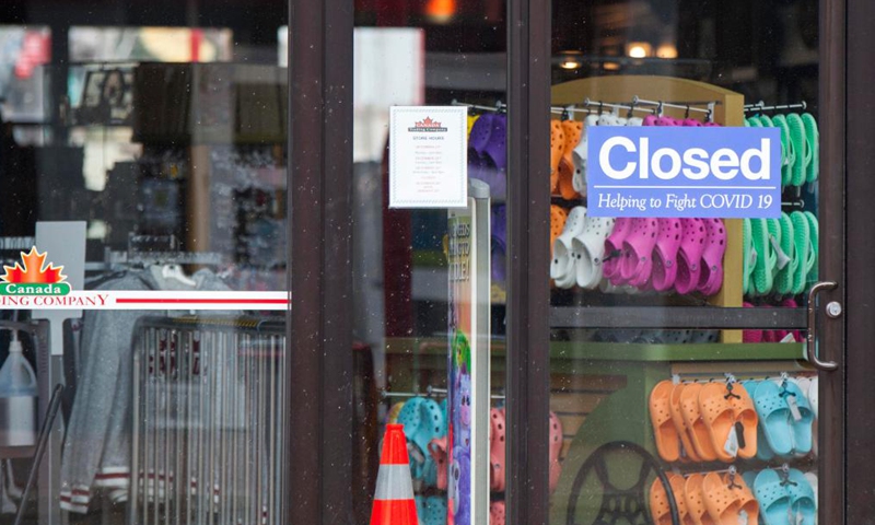 A closed store is seen in Niagara Falls, Ontario, Canada, on March 31, 2021. Canada's tourism spending was cut 48.1 percent in 2020 and tourism gross domestic product (GDP) plunged 47.9 percent, Statistics Canada said Wednesday.Photo:Xinhua