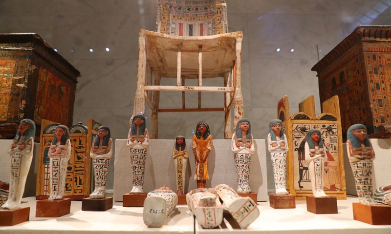 The photo taken on April 4, 2021 shows some of the 1,500 artifacts on display inside the main hall of the National Museum of Egyptian Civilization in Cairo, Egypt. (Photo: Xinhua)