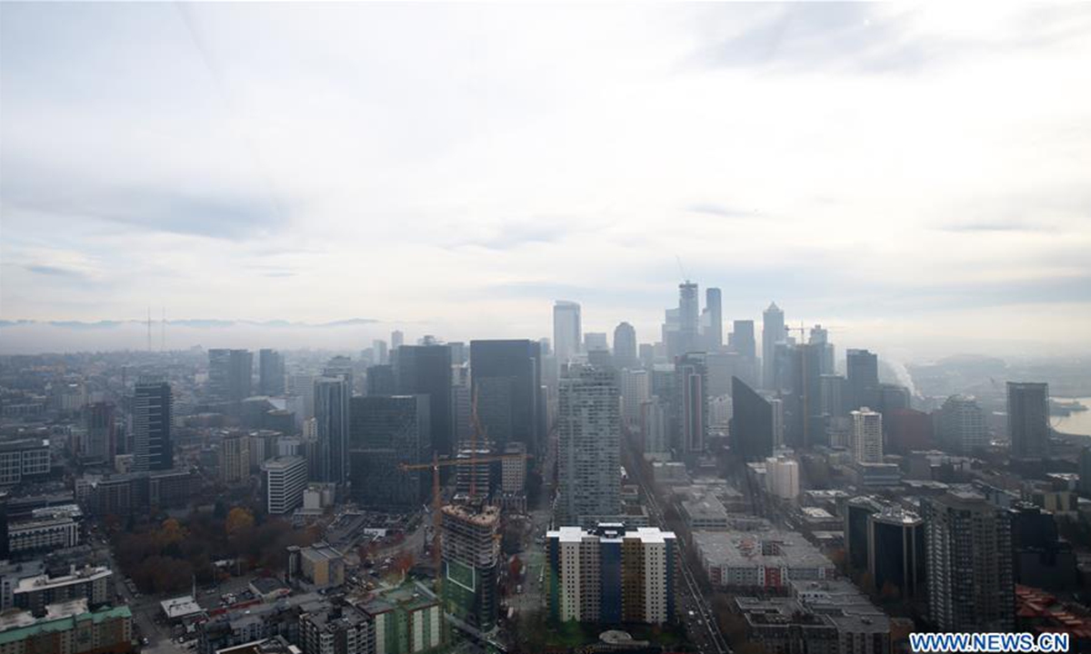 Photo taken on Nov. 14, 2019 from the Space Needle shows the downtown Seattle, Washington, the United States. Seattle is a seaport city on the west coast of the United States. The city is known for art and music, and is home to a number of technology companies. Photo: Xinhua
