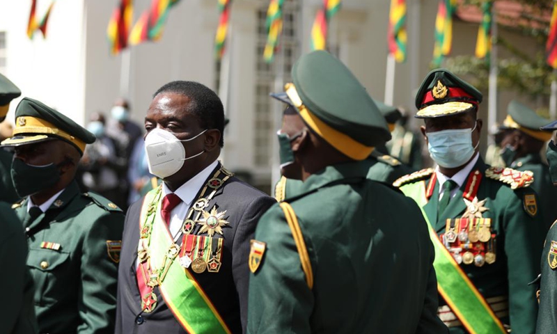 Zimbabwean President Emmerson Mnangagwa (2nd L) inspects the army during a celebration marking the 41st anniversary of Zimbabwe's Independence at State House in Harare, Zimbabwe, on April 18, 2021. Zimbabwe marked its 41st independence anniversary on Sunday, with a call by President Emmerson Mnangagwa for the nation to keep safeguarding its sovereignty. (Photo: Xinhua)