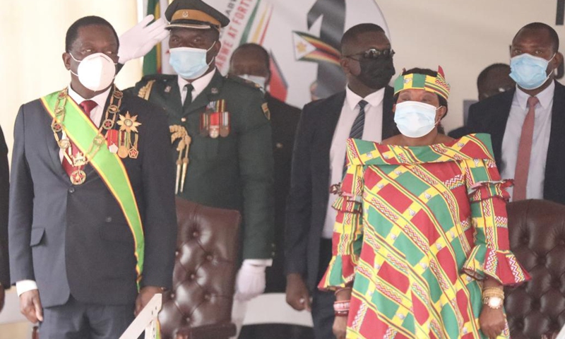 Zimbabwean President Emmerson Mnangagwa (1st L) attends a celebration marking the 41st anniversary of Zimbabwe's Independence at State House in Harare, Zimbabwe, on April 18, 2021. Zimbabwe marked its 41st independence anniversary on Sunday, with a call by President Emmerson Mnangagwa for the nation to keep safeguarding its sovereignty.(Photo: Xinhua)