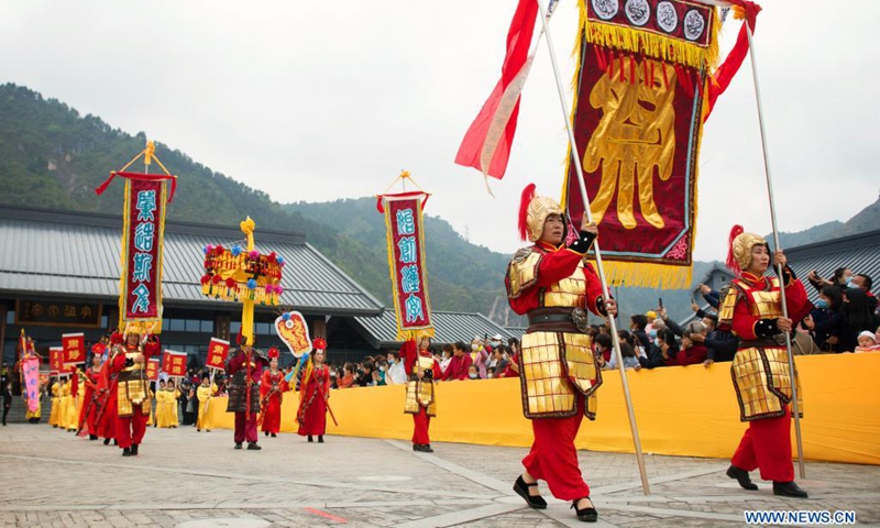 Photo taken on April 20, 2021 shows the view of a grand ritual to pay homage to Cangjie, the legendary creator of Chinese characters, in Luonan County of Shaanxi Province. Tuesday marks Guyu, literally meaning grain rain, which is the 6th of the 24 solar terms created by ancient Chinese to carry out agricultural activities.(Photo: Xinhua)