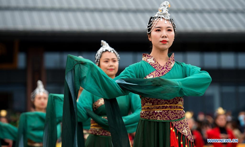 Artists perform during a grand ritual to pay homage to Cangjie, the legendary creator of Chinese characters, in Luonan County of Shaanxi Province, April 20, 2021. Tuesday marks Guyu, literally meaning grain rain, which is the 6th of the 24 solar terms created by ancient Chinese to carry out agricultural activities. People pay homage to Cangjie because legend has it that he succeeded in creating Chinese characters on the day of Guyu thousands of years ago.(Photo: Xinhua)