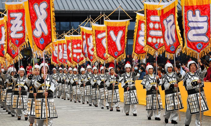 Photo taken on April 20, 2021 shows the view of a grand ritual to pay homage to Cangjie, the legendary creator of Chinese characters, in Luonan County of Shaanxi Province. Tuesday marks Guyu, literally meaning grain rain, which is the 6th of the 24 solar terms created by ancient Chinese to carry out agricultural activities.(Photo: Xinhua)